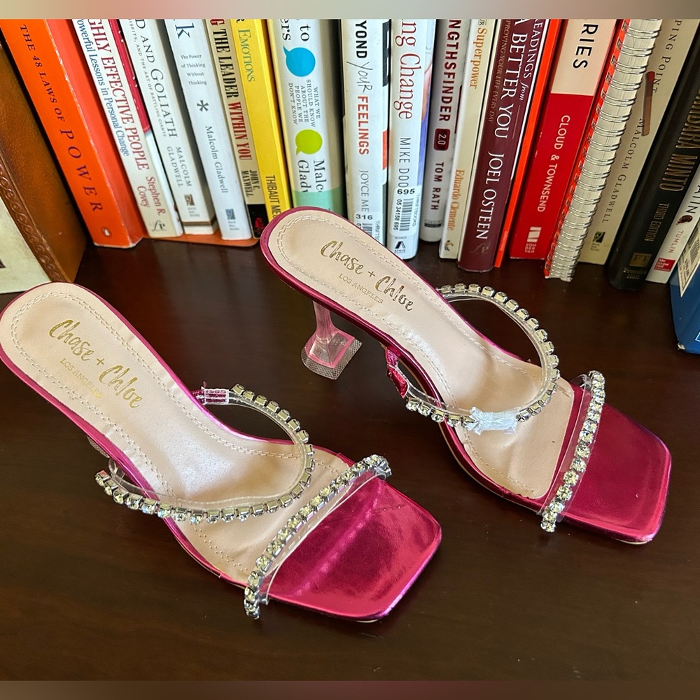 Chase & Chloe pink rhinestone pyramid heel sandal